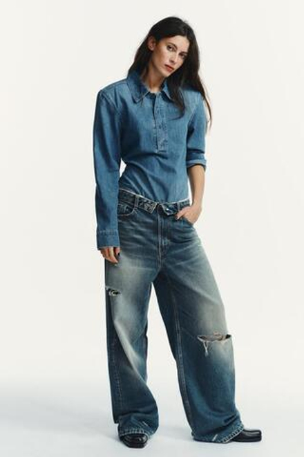 ZARA ДЖИНСЫ TRF СО СРЕДНЕЙ ПОСАДКОЙ И ОТВЕРНУТЫМ ПОЯСОМ, СИНИЙ