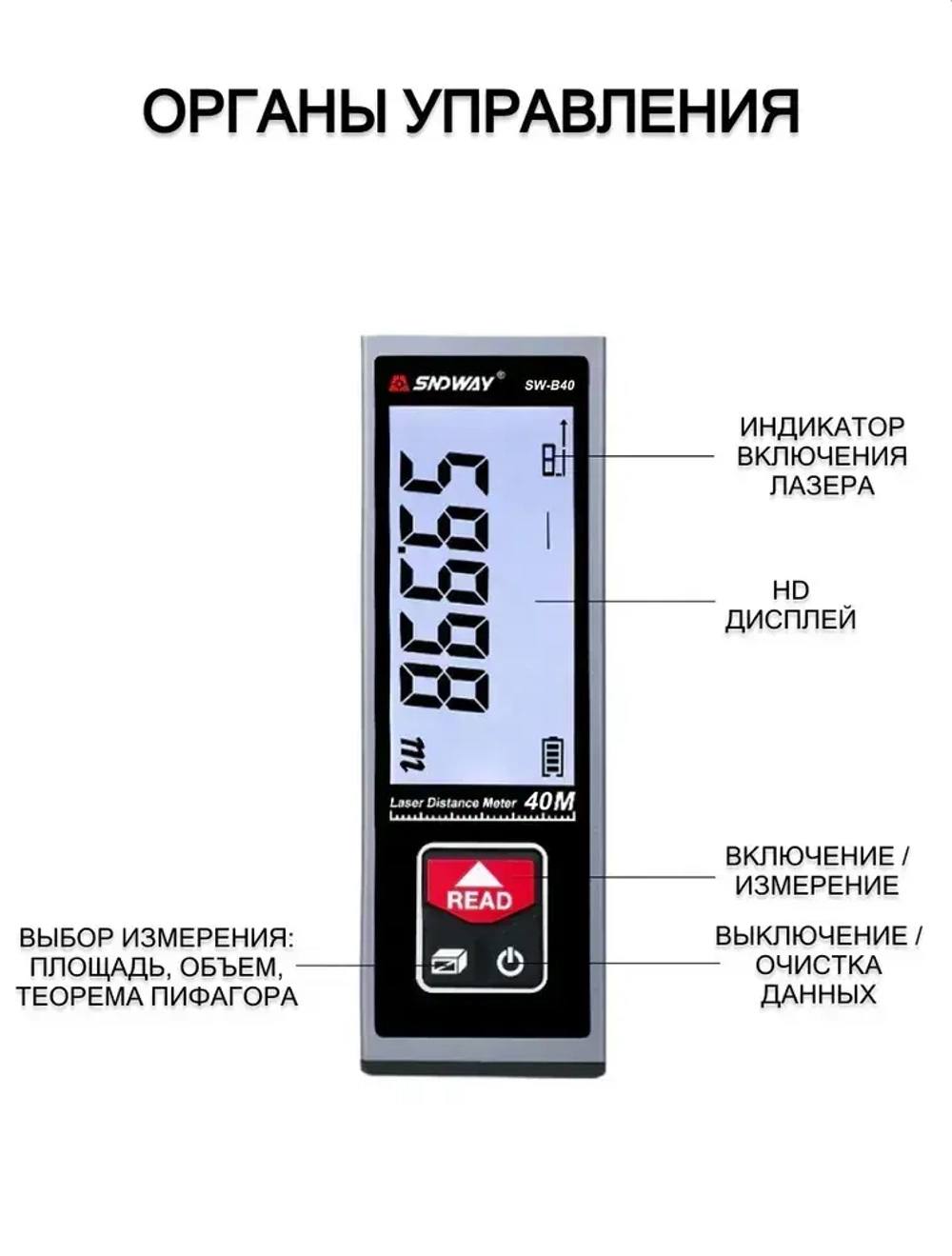Дальномер лазерный SNDWAY SW-B40, 40 метров, питание от встроенного аккумулятора