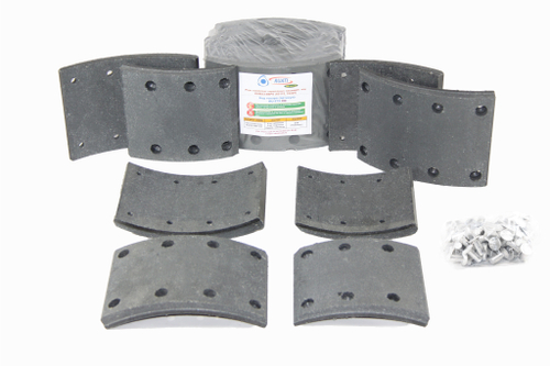 Рем. комплект тормозных накладок а/м КАМАЗ-53229, 53215 4 длинные+ 4 короткие (Сверл./расточенные/с заклёпками/ширина 140мм./ к-т 8 шт. толст.+тон., повышенная термостойкость и экспл. характ./ 53229/65115-3501105) RUATI