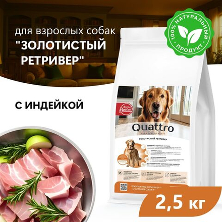 Корм сухой для взрослых собак породы Золотистый ретривер, премиум полнорационный комплекс, с индейкой, 2,5 кг, QUATTRO