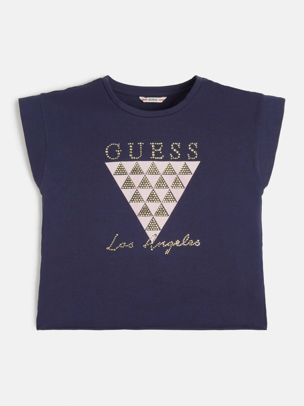 Футболка GUESS Синий/Логотип-треугольник: античная роза, стразы Девочка