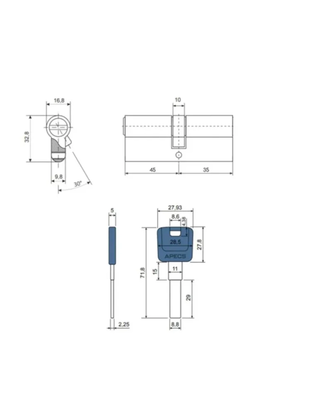 Цилиндровый механизм APECS PM-80(35/45)-CR ключ-ключ, цвет хром, личинка для замка