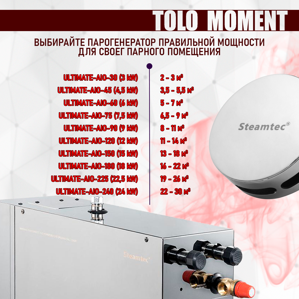 Steamtec TOLO MOMENT 150 - 15 кВт парогенераторы для хамама и турецкой бани / Серия PLATINUM со встроенной музыкой, пультом на 9-ти языках и возможностью монтажа без термодатчиков