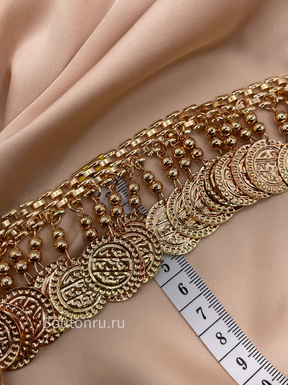 Цепь / бахрома золотистая металлическая декоративная (с монетами) монисты