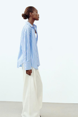 ZARA РУБАШКА ИЗ ПОПЛИНА В ПОЛОСКУ, СИНИЙ