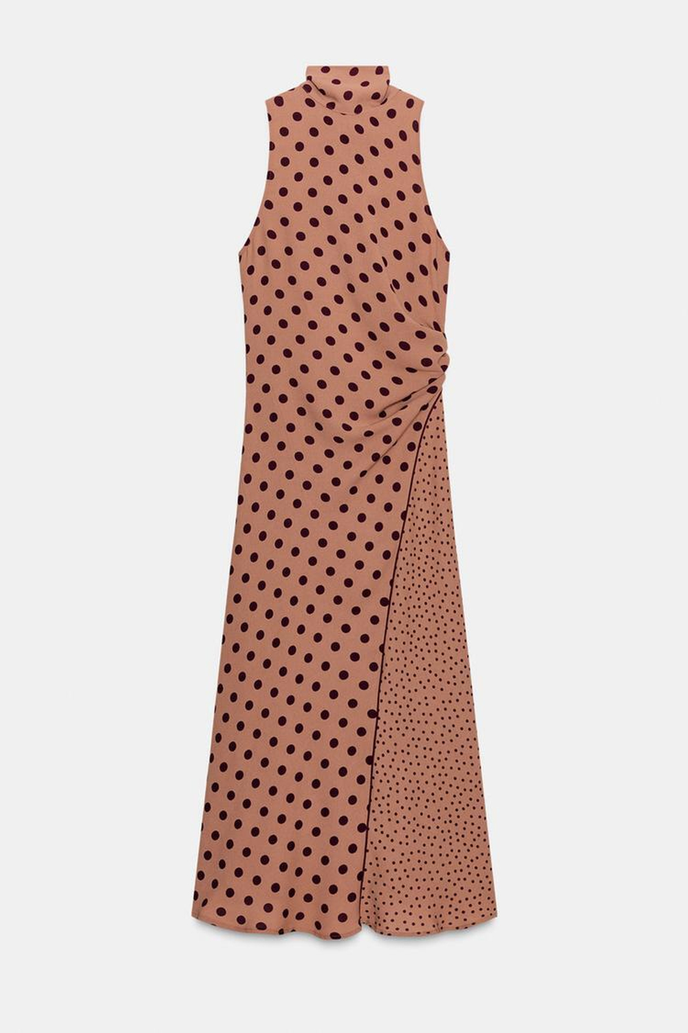 ZARA ПЛАТЬЕ МИДИ В ГОРОШЕК С БАНТОМ, СВЕТЛО-КОРИЧНЕВЫЙ