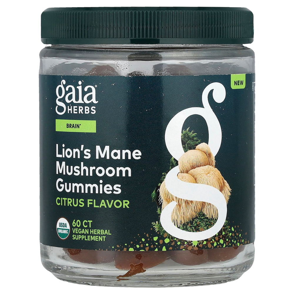 Gaia Herbs, Жевательные мармеладки с грибами из львиной гривы, цитрусовые, 60 жевательных таблеток