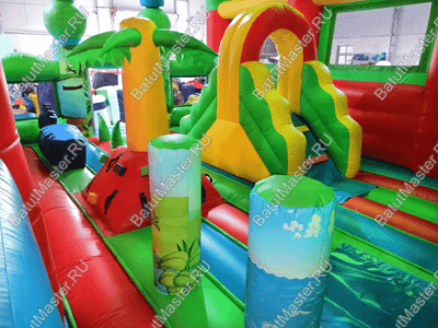 Надувной батут "Страна Сафария" с крышей и высокими горками,зеленый, 11*6*6