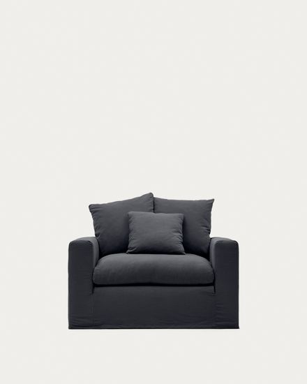 Кресло Nora со съемным чехлом серо-антрацитовое из льна и хлопка