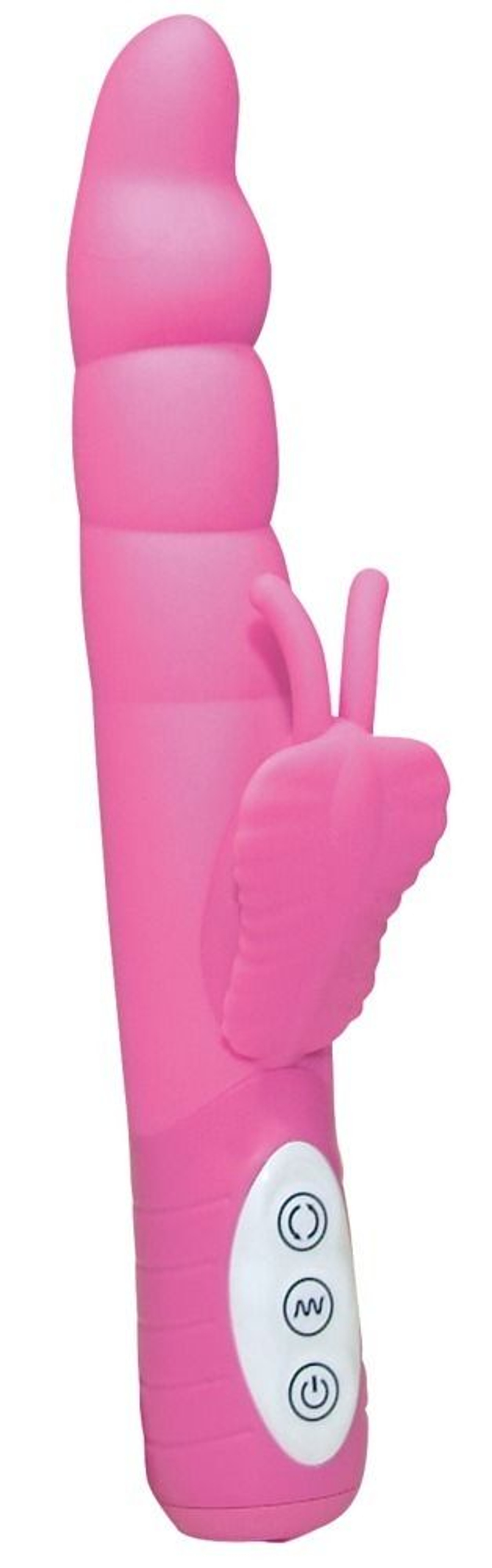 Розовый вибратор со стимулятором-бабочкой - 24 см. (Цвет: розовый)