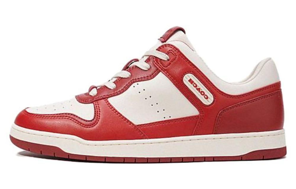 COACH Coach C201 leather lace-up round toe low-cut fashion sneakers men's white and red