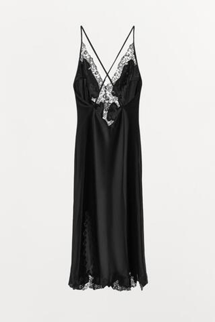 ZARA АТЛАСНОЕ ПЛАТЬЕ С ВЫШИВКОЙ И КРУЖЕВОМ, ЧЕРНЫЙ