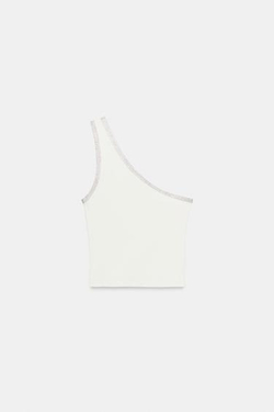 ZARA ТОП АСИММЕТРИЧНОГО КРОЯ СО СТРАЗАМИ, БЕЛЫЙ