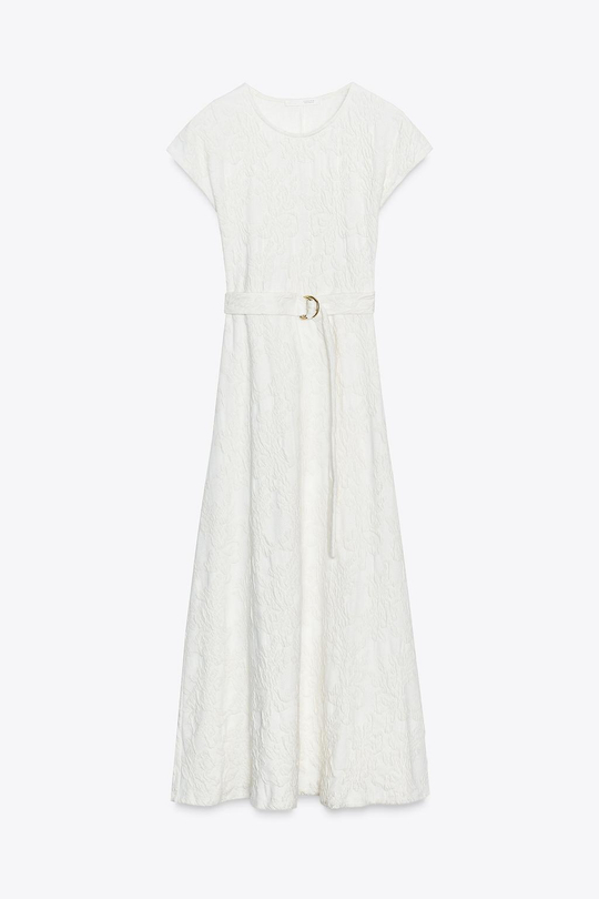 ZARA ЖАККАРДОВОЕ ПЛАТЬЕ С ПОЯСОМ, ЭКРЮ