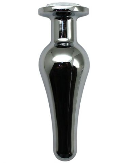 Серебристая анальная пробка с прозрачным кристаллом - 13 см. (Цвет: прозрачный)