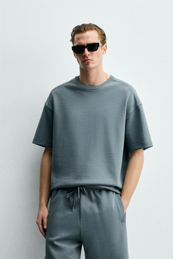 ZARA ФУТБОЛКА RELAXED FIT ИЗ ИНТЕРЛОКА, УТИНО-СИНИЙ