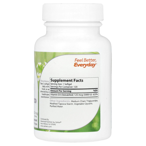 Zahler, витамин D3, улучшенная формула с витамином D3, 125 мкг (5000 МЕ), 120 мягких таблеток