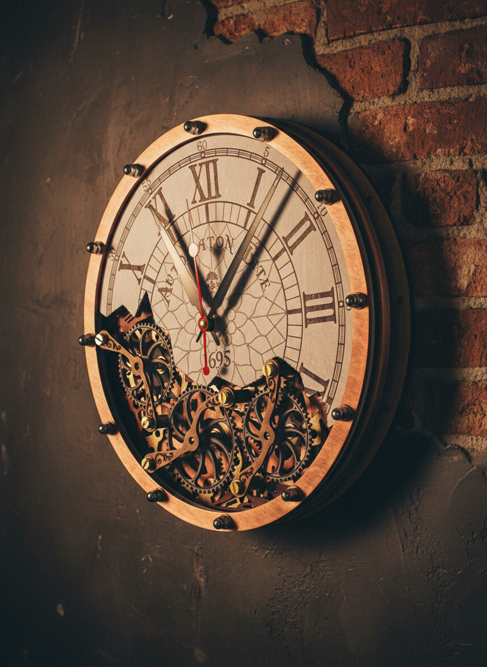 Авторские часы WOODandROOT Automaton Bite 1695 на кирпичной стене — индустриальная эстетика и викторианское вдохновение в деталях механизма