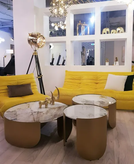 Журнальный столик Stone Antique L, Ø90х30 см, латунь, керамогранит