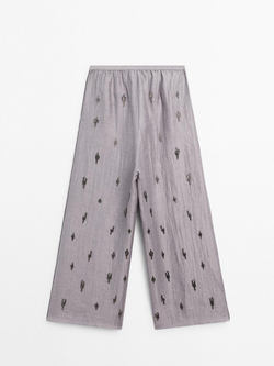 Massimo Dutti Брюки из льняной смеси с вышивкой из бисера, фиолетовый