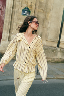 ZARA ЛЬНЯНАЯ КУРТКА В ПОЛОСКУ, ЖЕЛТЫЙ