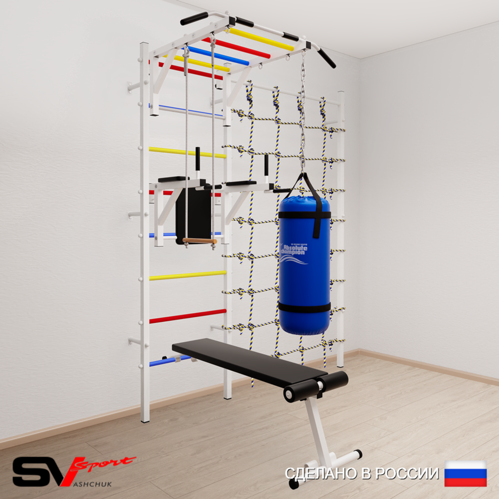 Шведская стенка Sv Sport 55310 (Турник рукоход/Брусья/Скамья/Трапеция/Цепь/Мешок 15кг/Канатный лаз)