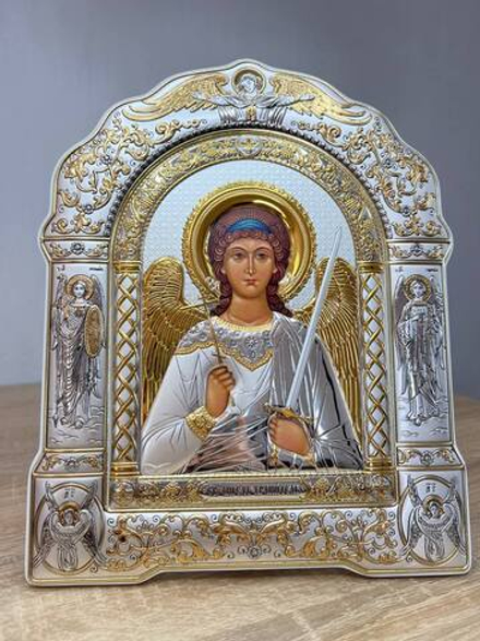 Ангел хранитель, икона арочная с рамкой, белое дерево 206х270