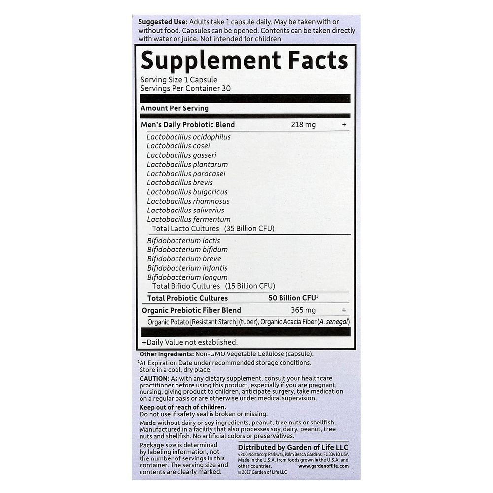 Garden of Life, Dr. Formulated Probiotics, пробиотики, одна таблетка в день для мужчин, 50 миллиардов бактерий,30 растительных капсул