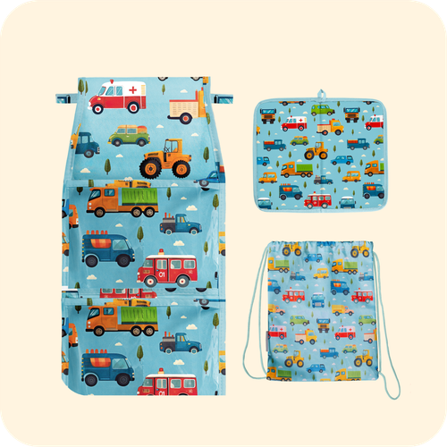 Набор для детского сада: кармашек, коврик, мешок. Машинки принт