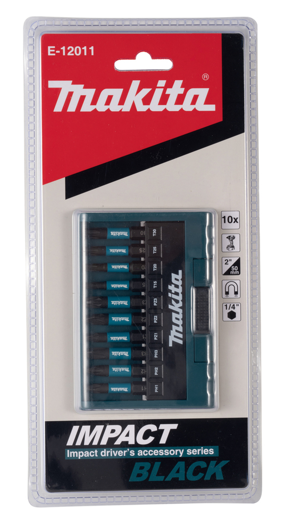 Набор бит Impact Black 50 мм 10 шт.(PH1,PH2,PH3,PZ1,PZ2,PZ3,T15,T20,T25,T30 ) Makita E-12011 10 шт. 50 мм