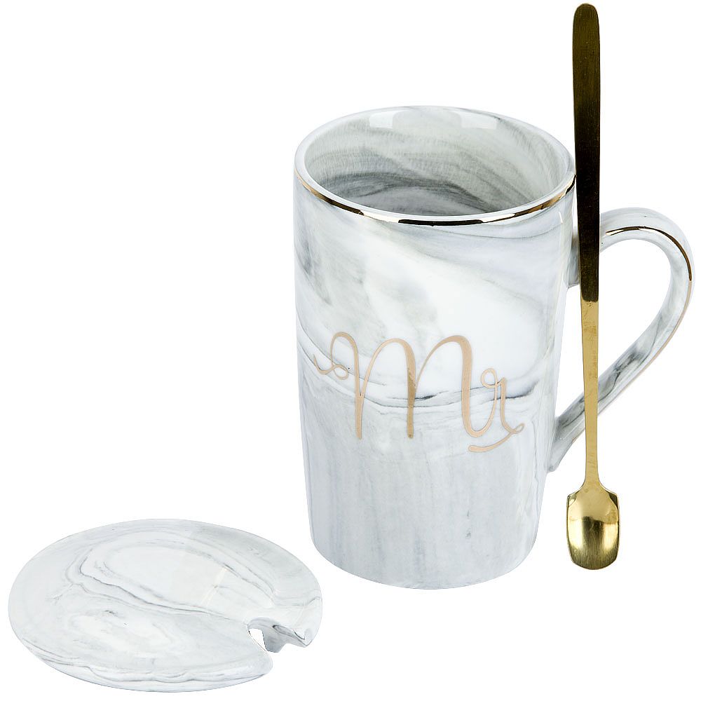 Кружка фарфоровая с крышкой и ложкой "Mr" (серая) v=380 мл (подарочная упаковка)