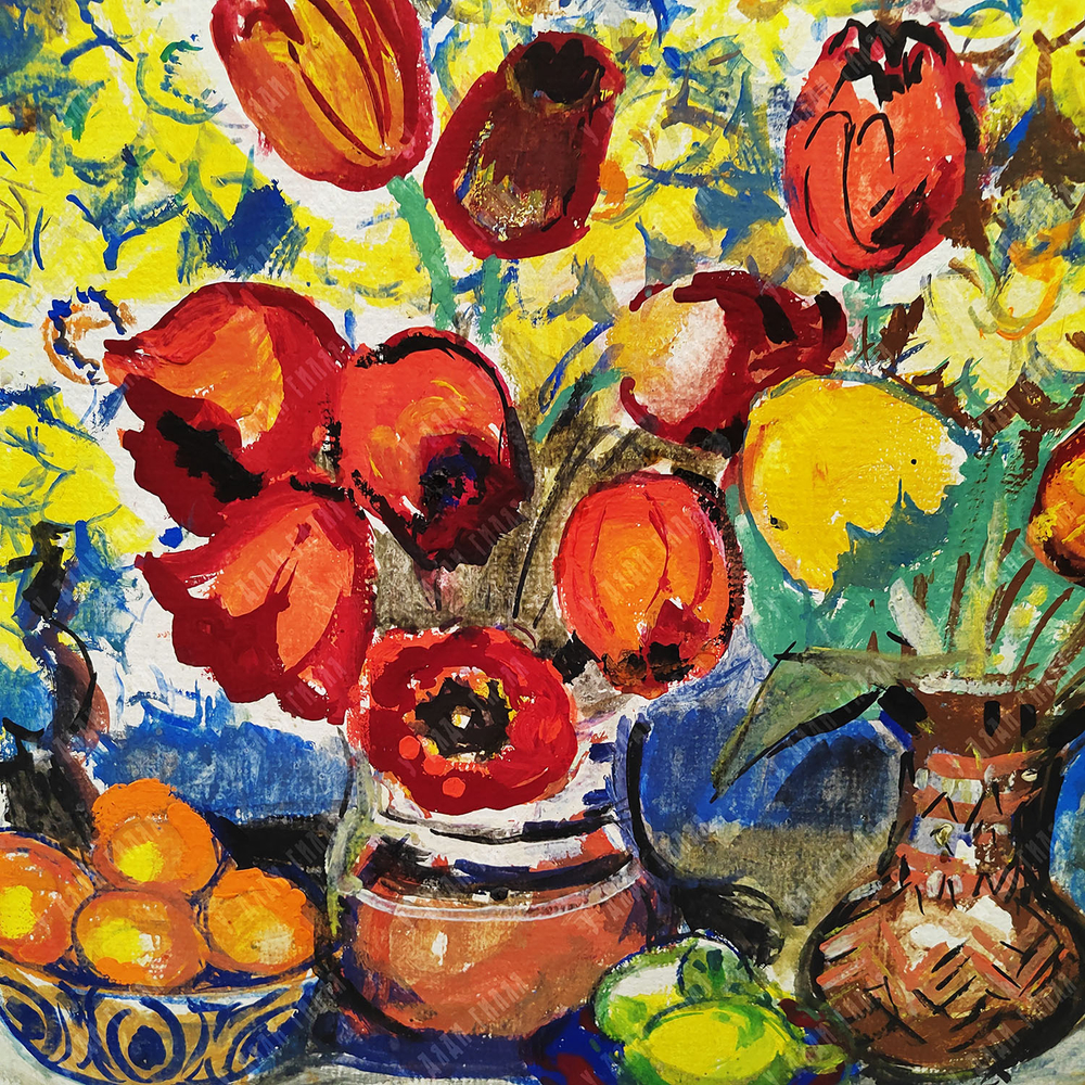 Зернова Е. С. Два букета тюльпанов. Темпера, грунтованный картон? 1983.