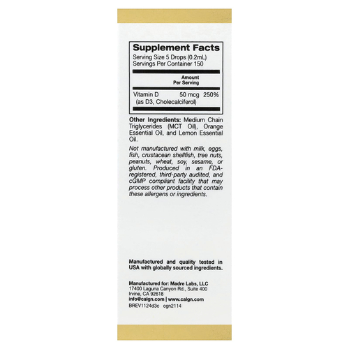 California Gold Nutrition, витамин D3, с цитрусовым вкусом, 50 мкг (2000 МЕ), 30 мл (1 жидк. унция)