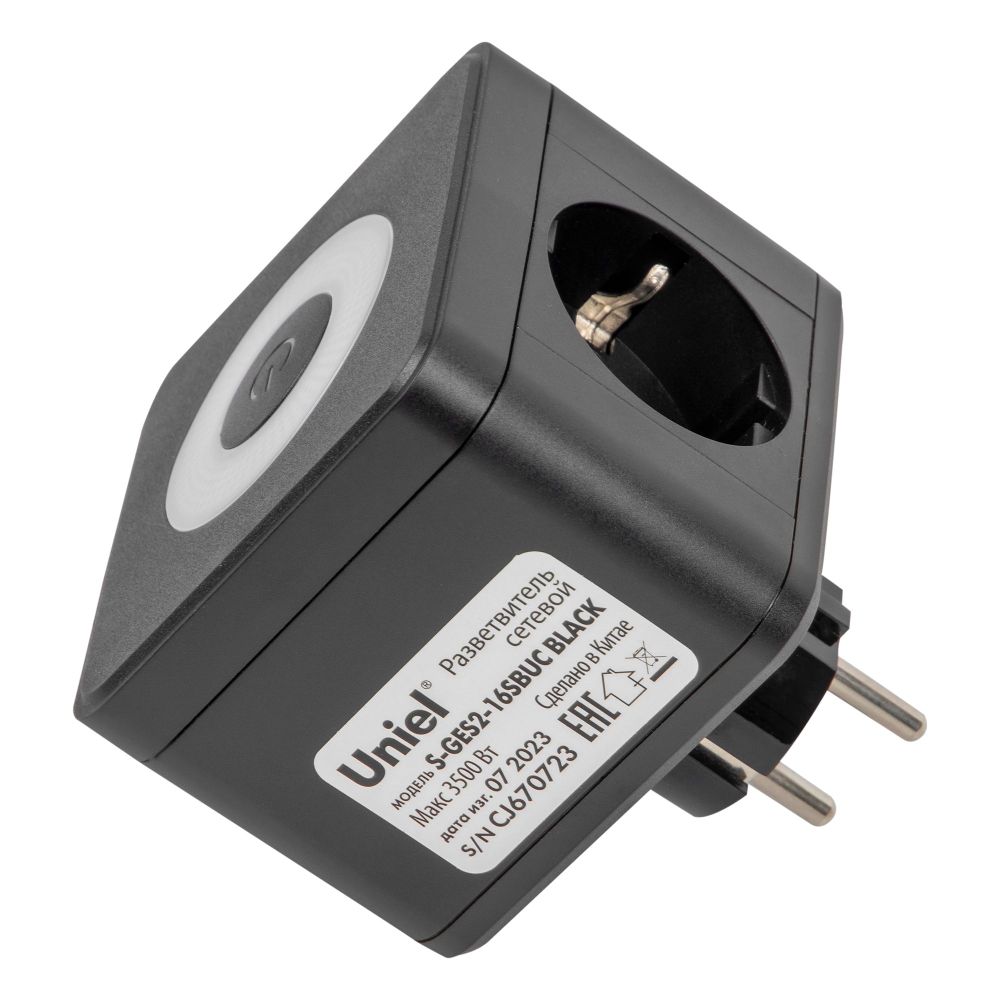 S-GES2-16SBUC BLACK Разветвитель сетевой с выключателем. с-з. 2 гнезда. 2USB+1TYPE C. 16А. 3500Вт. Черный. ТМ Uniel