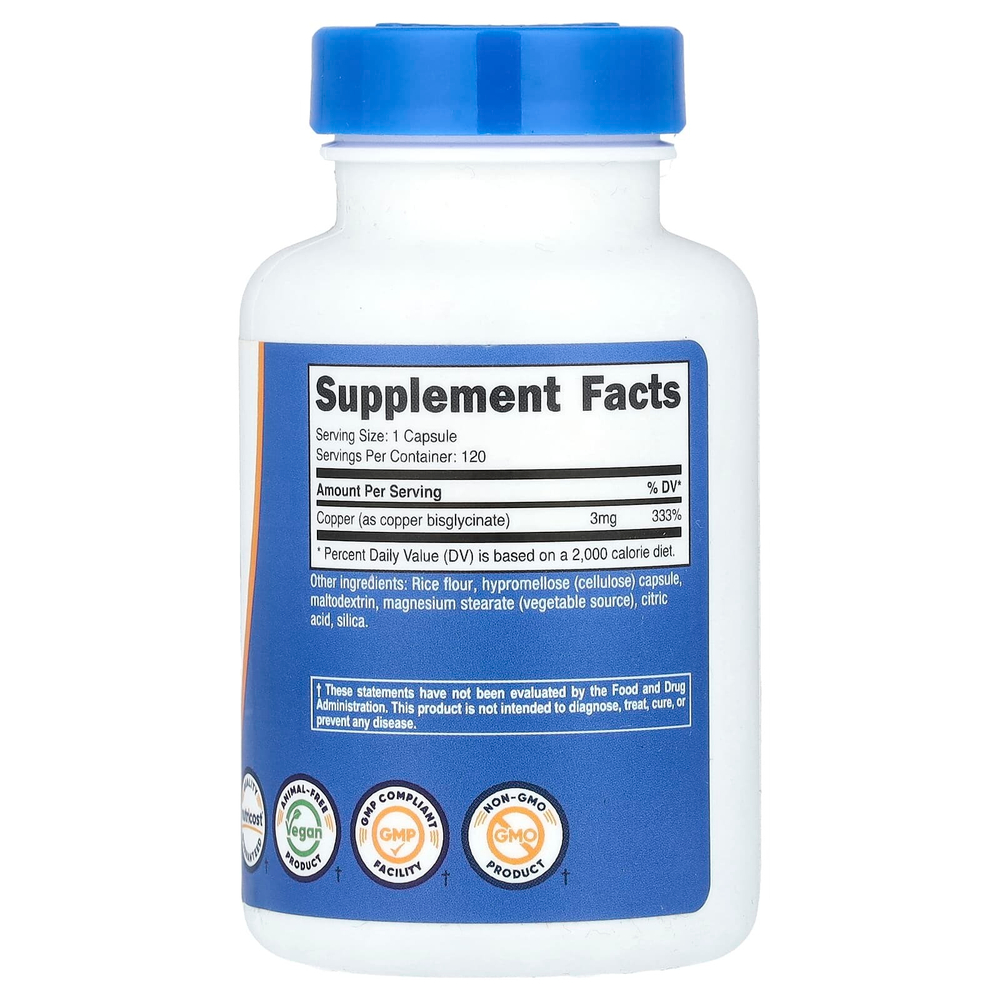 Nutricost, Глицинат меди, 3 мг, 120 капсул