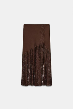 ZARA АТЛАСНАЯ ЮБКА С КРУЖЕВОМ ZW COLLECTION, КОРИЧНЕВЫЙ
