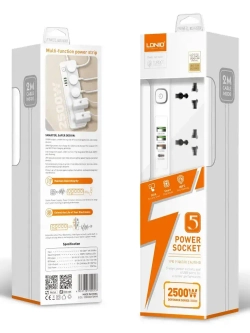 LDNIO удлинитель сетевой фильтр, модель SC5415, 2 метра, 4 USB, тройник разветвитель с заземлением и выключателем, белый