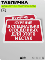 Табличка для частной территории "Курение в специально отведенных для этого местах", на дом, для участка, организаций и частных территорий, 40х30 см, Silver Plane x Айдентика Технолоджи