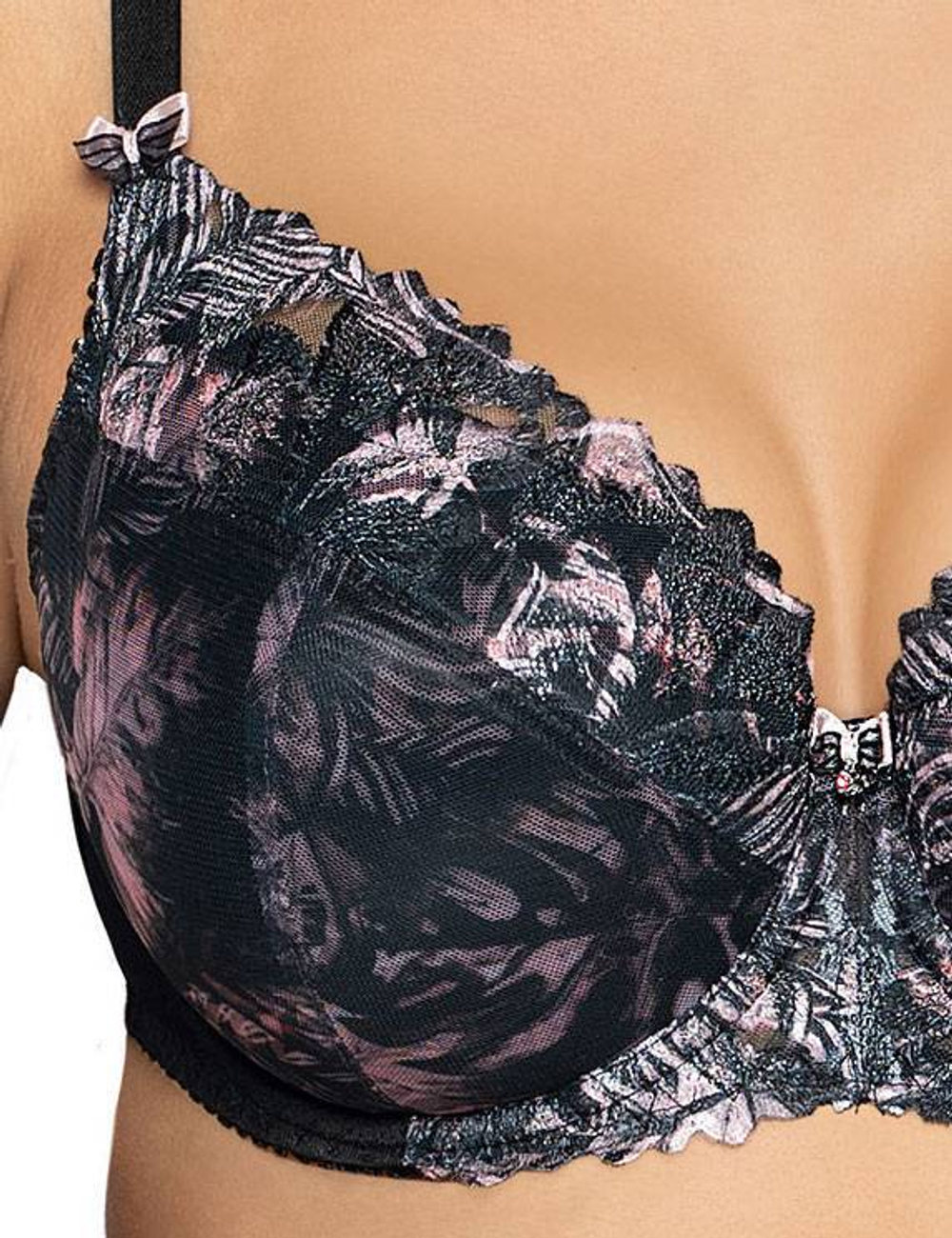 Бюстгальтер с чашками, покрытыми сеткой с принтом листьев (Размер: 100C) (Цвет: черный)