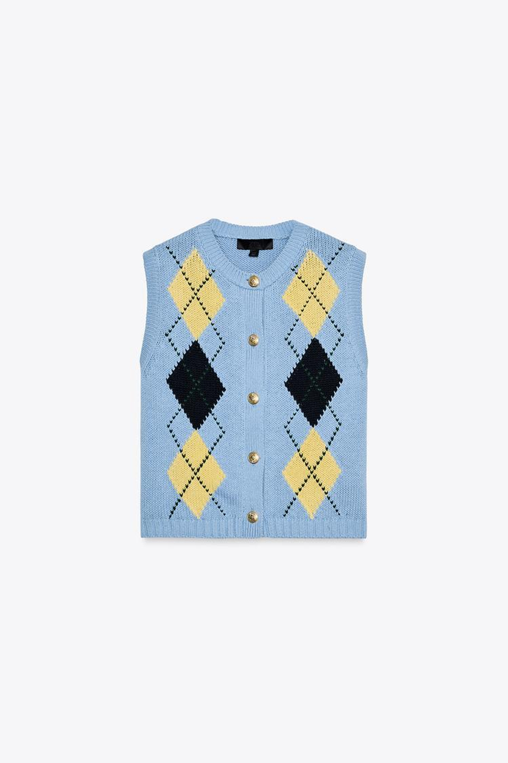 ZARA ТРИКОТАЖНЫЙ ТОП С УЗОРОМ «РОМБЫ», ГОЛУБОЙ
