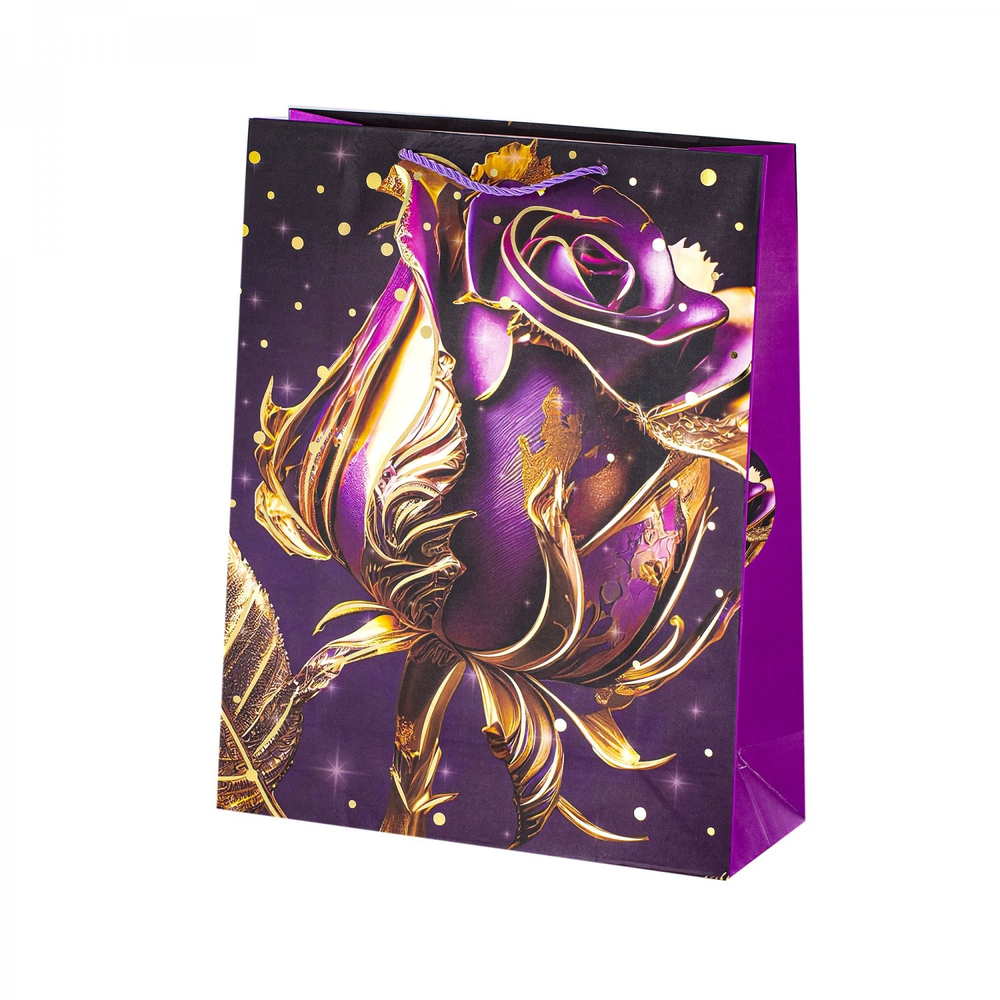 Пакет подарочный бумажный Alingar, (L+) 26х32х10 см, вертикальный, "Золотые розы", матов. ламинация, тиснеие, ассорти