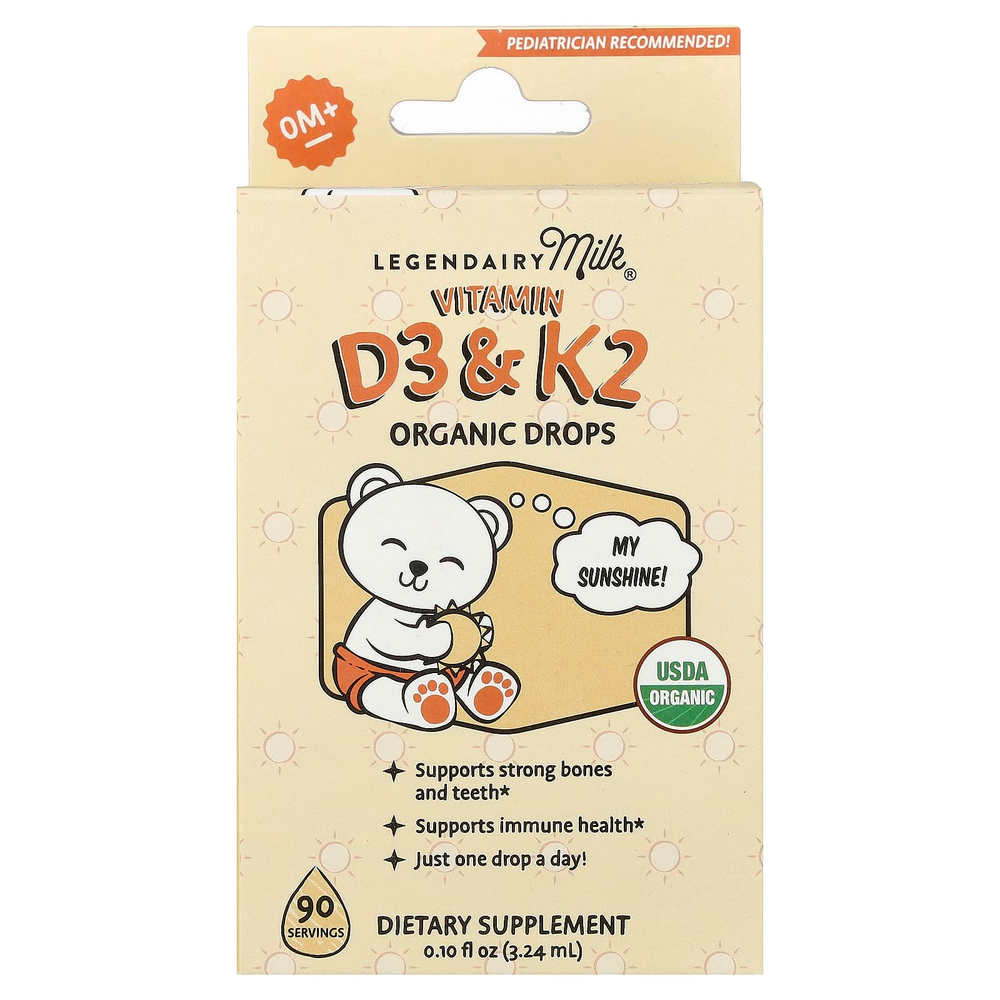 Legendairy Milk, органические капли с витаминами D3 и K2, для детей от 0 месяцев, 3,24 мл (0,1 жидк. унции)