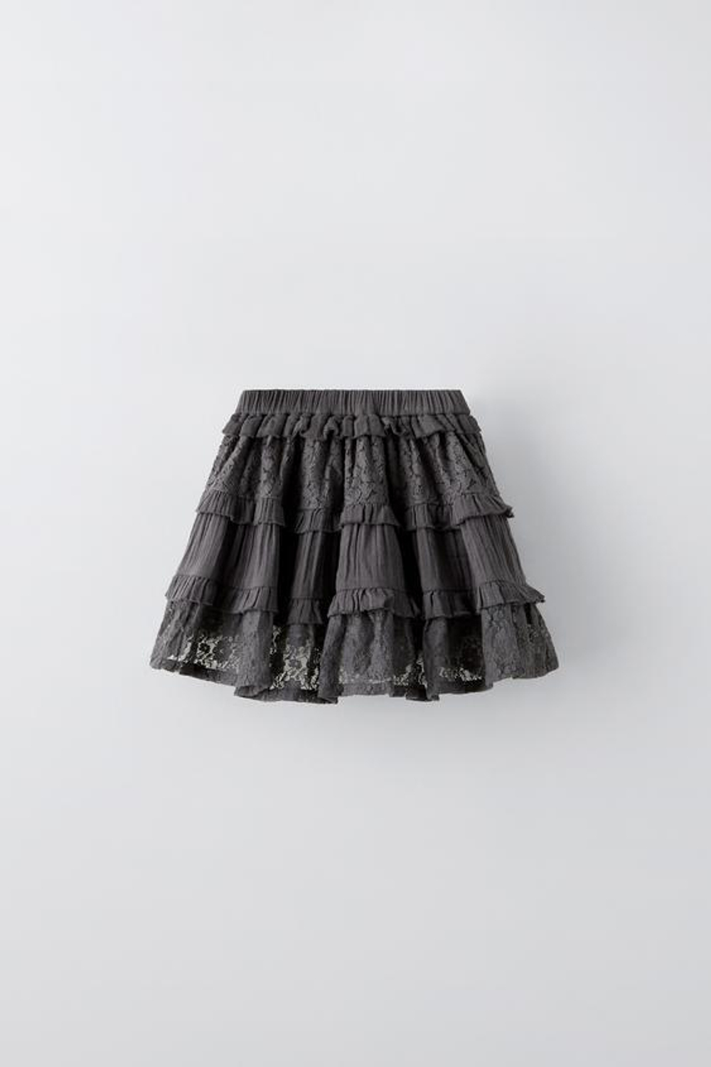 ZARA КРУЖЕВНАЯ ЮБКА С ВОЛАНАМИ, АНТРАЦИТОВО-СЕРЫЙ