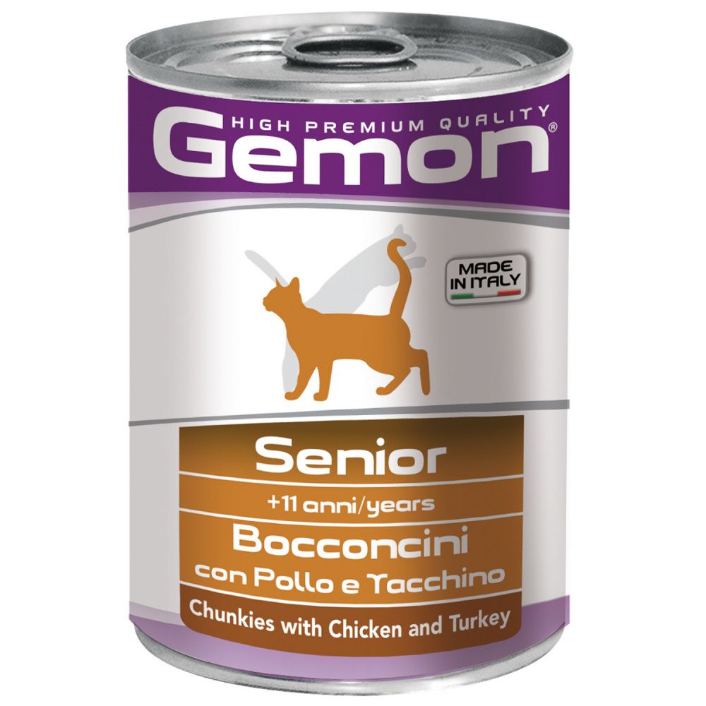 Gemon Cat консервы для пожилых кошек кусочки курицы с индейкой (415 г)
