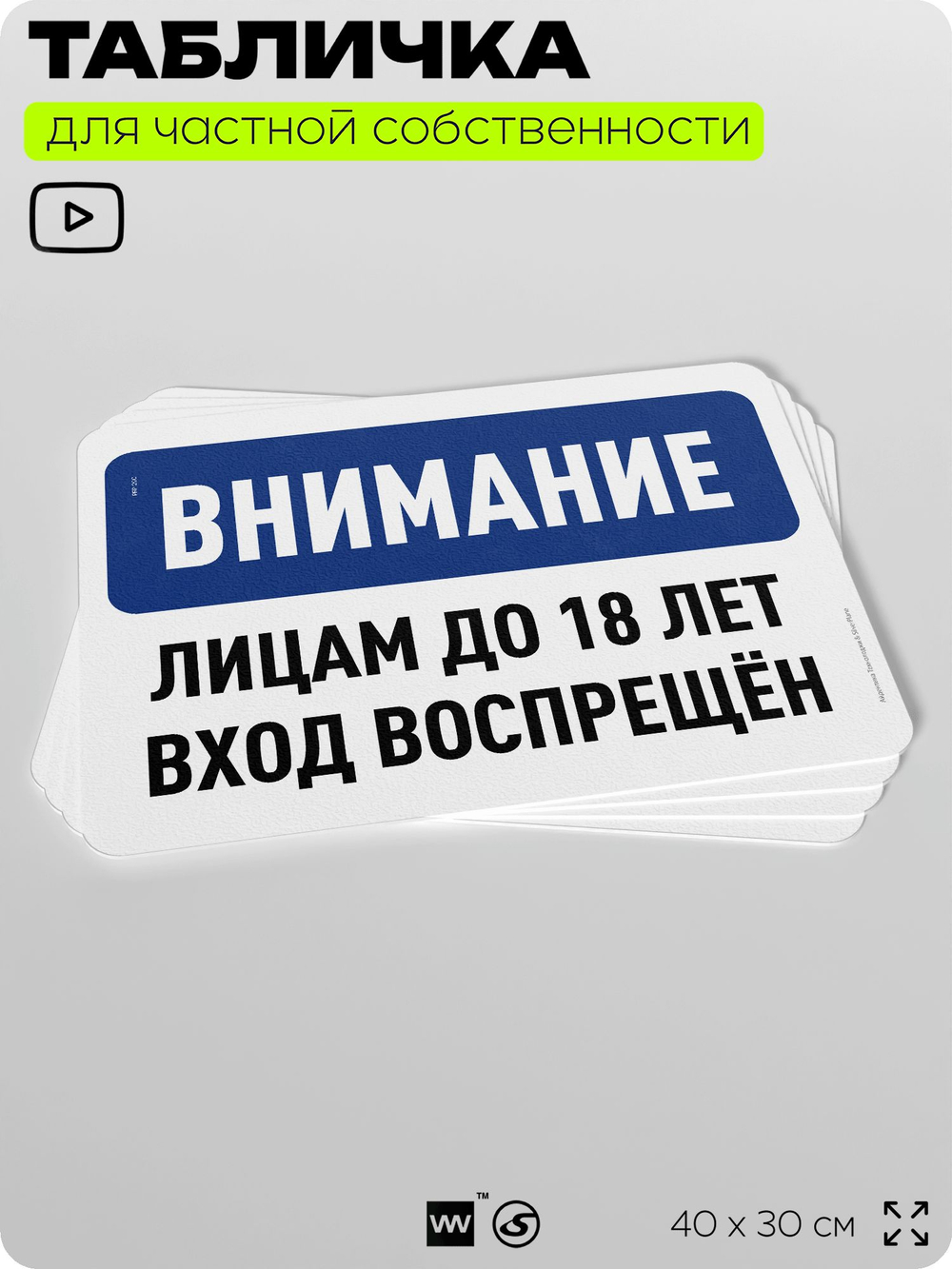 Табличка для частной территории "Внимание, лицам до 18 лет вход воспрещен", на дом, для участка, организаций и частных территорий, предупреждающая, 40х30 см, Silver Plane x Айдентика Технолоджи