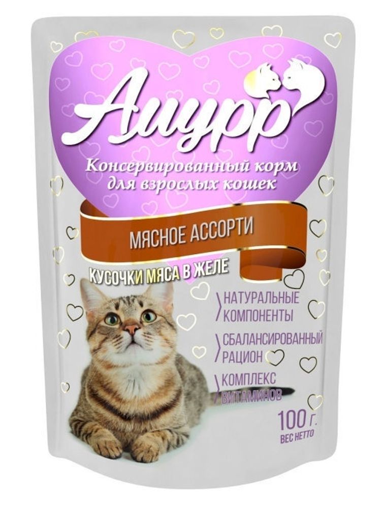Амурр Влажный корм для взрослых кошек, мясное ассорти в желе, 100 г