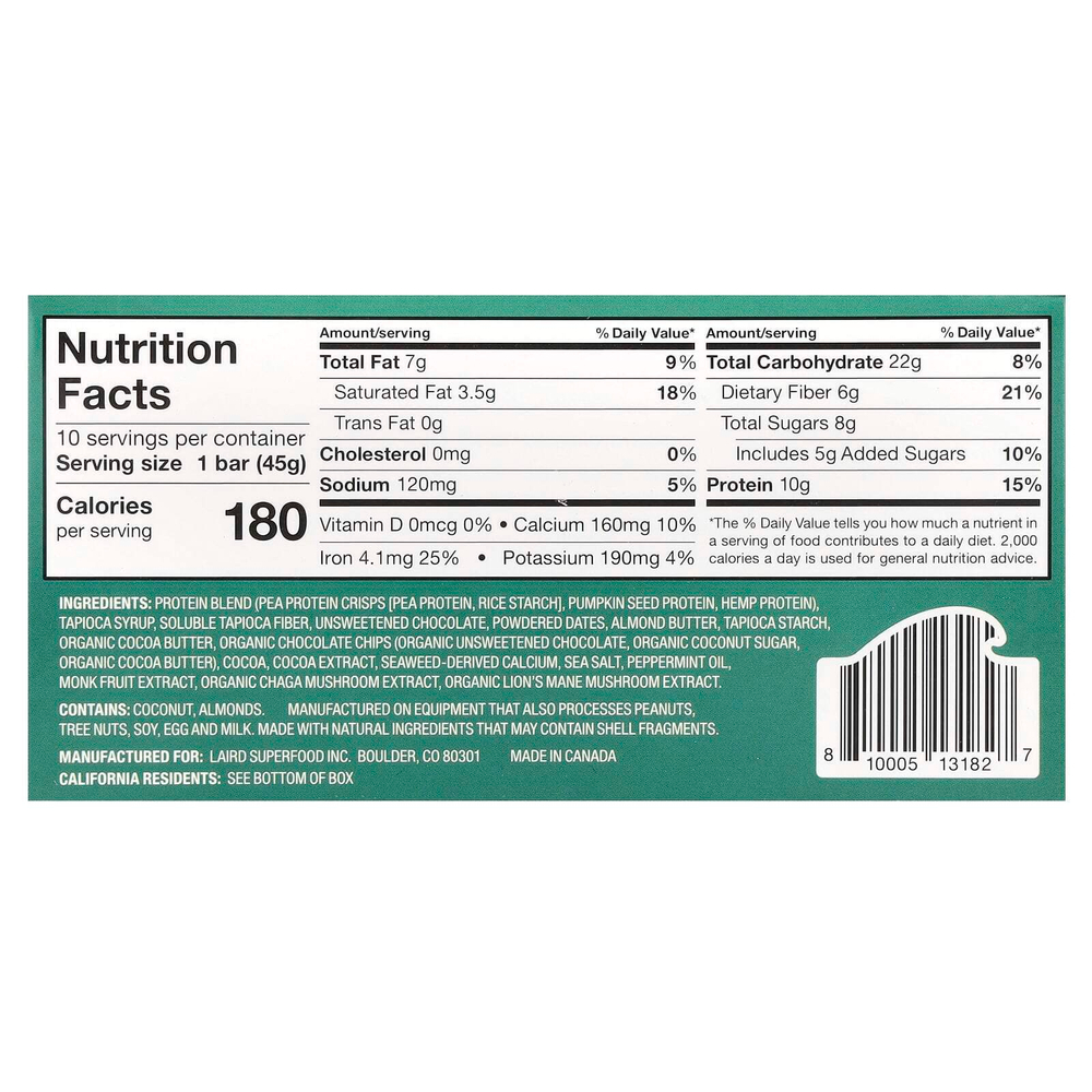 Laird Superfood, Протеиновый батончик + адаптогены, шоколадно-мята, 10 батончиков по 45 г (1,6 унции)