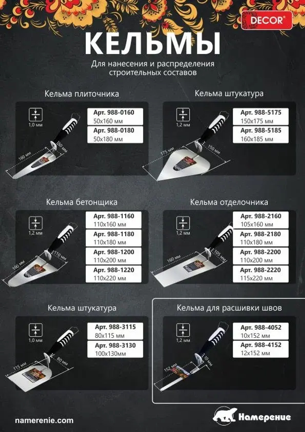 Кельма отделочника 110х180мм, толщина 1,2мм DECOR 988-2180