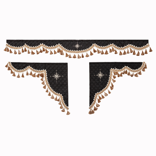 Ламбрекен 1,8м с косынками универсальные стеганые Роза Ветров (экокожа, черный, бежевые кисточки)