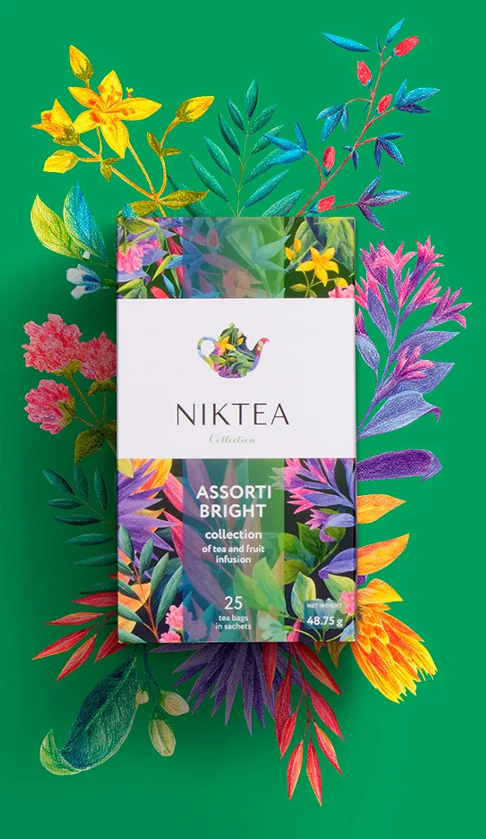 Niktea Assorti Bright / Ассорти Брайт, чай черный, зелёный, фруктовый, травяной в пакетиках, 25 шт.